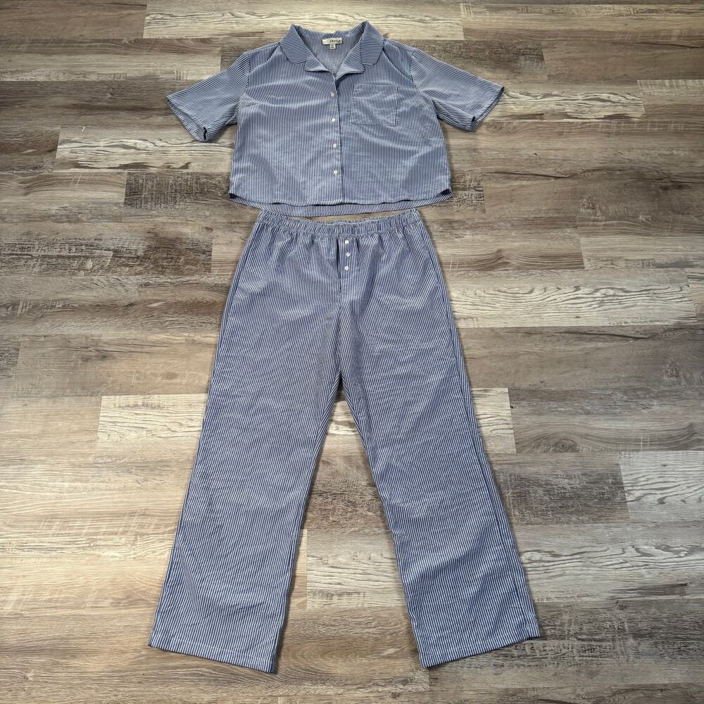 Como Sleep Blue White Stripe 2 Piece Pajama Set Boxer Pants Loungewear L